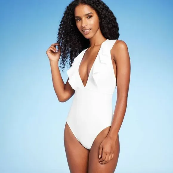 Women's Plunge Flounce Neckline One Piece Swimsuit - Shade & Shore White L - Picture 1 of 5